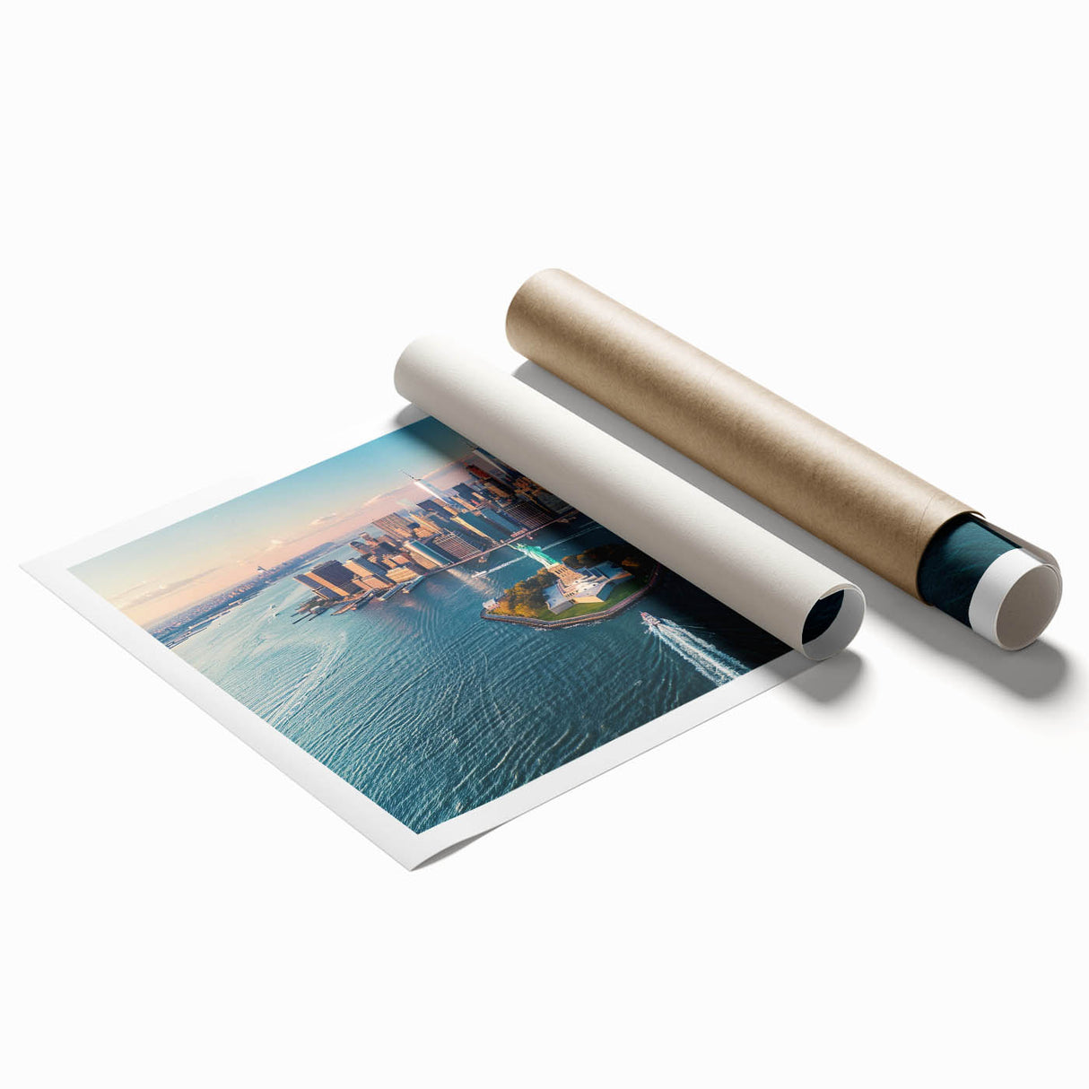 Extra large rolled print of Ellis Island with pale blue and green floral designs.