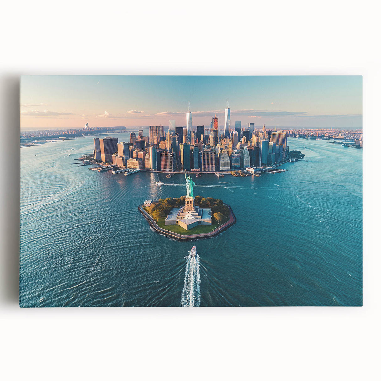 Black and white photo of Ellis Island on stretched canvas, ideal for kitchen wall art.