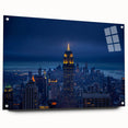 Acrylic print of the New York City skyline in muted gray and blue tones, suitable for dining room or bedroom decor.