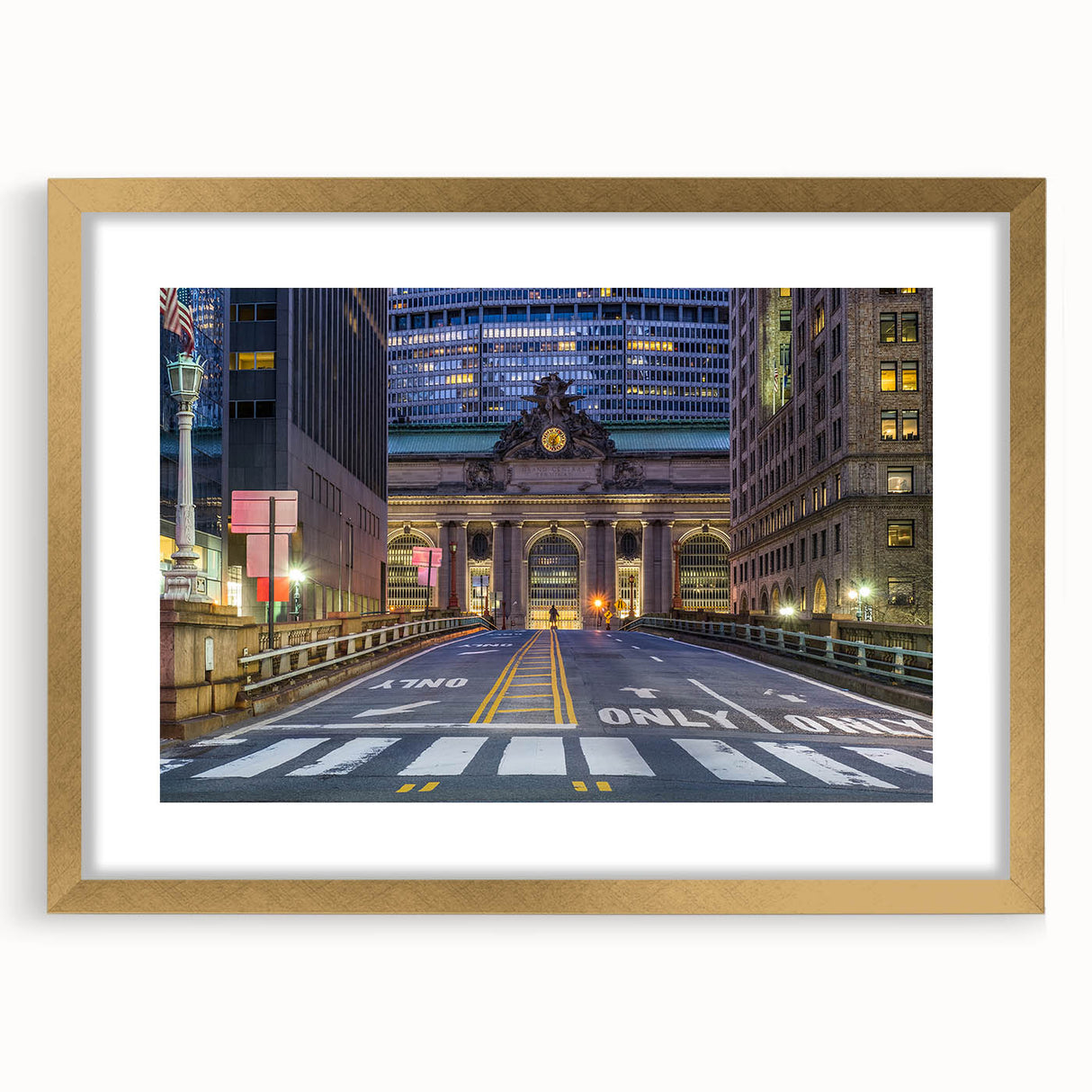 Extra large abstract art print of NYC's Grand Central, in gold frame, suited for living room decor.