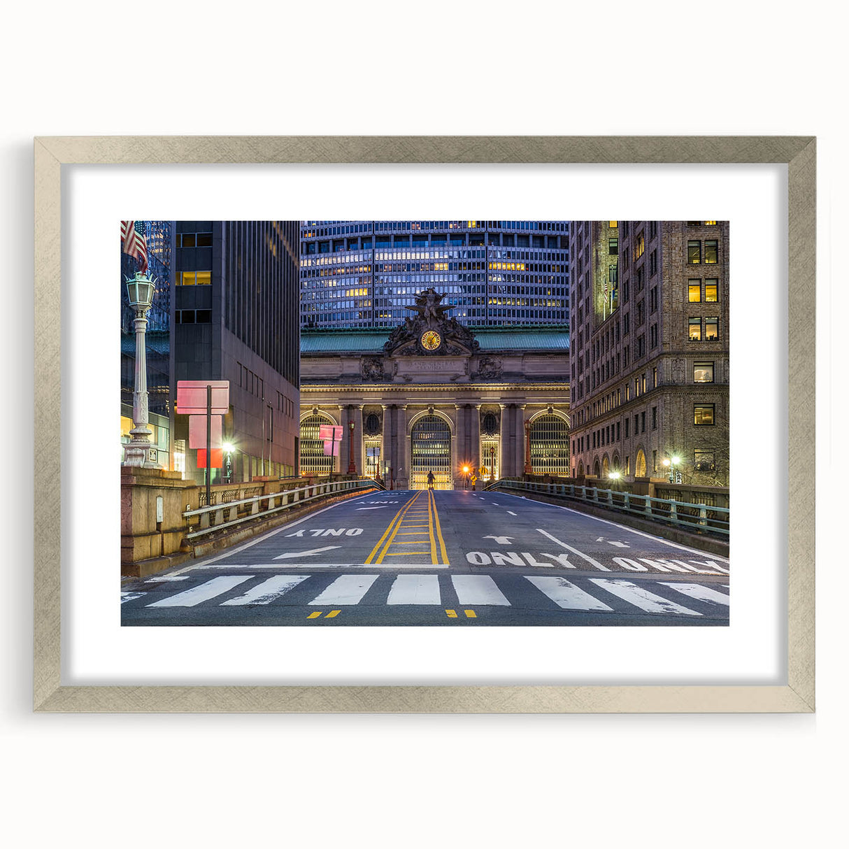 Textured abstract art print of NYC's Grand Central, in muted gray tones on a framed silver mat.