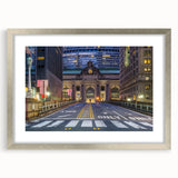 Textured abstract art print of NYC's Grand Central, in muted gray tones on a framed silver mat.