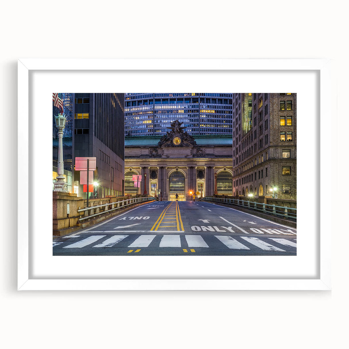 Abstract art print of NYC's Grand Central in muted gray tones on a white framed poster, ideal for dining room decor.
