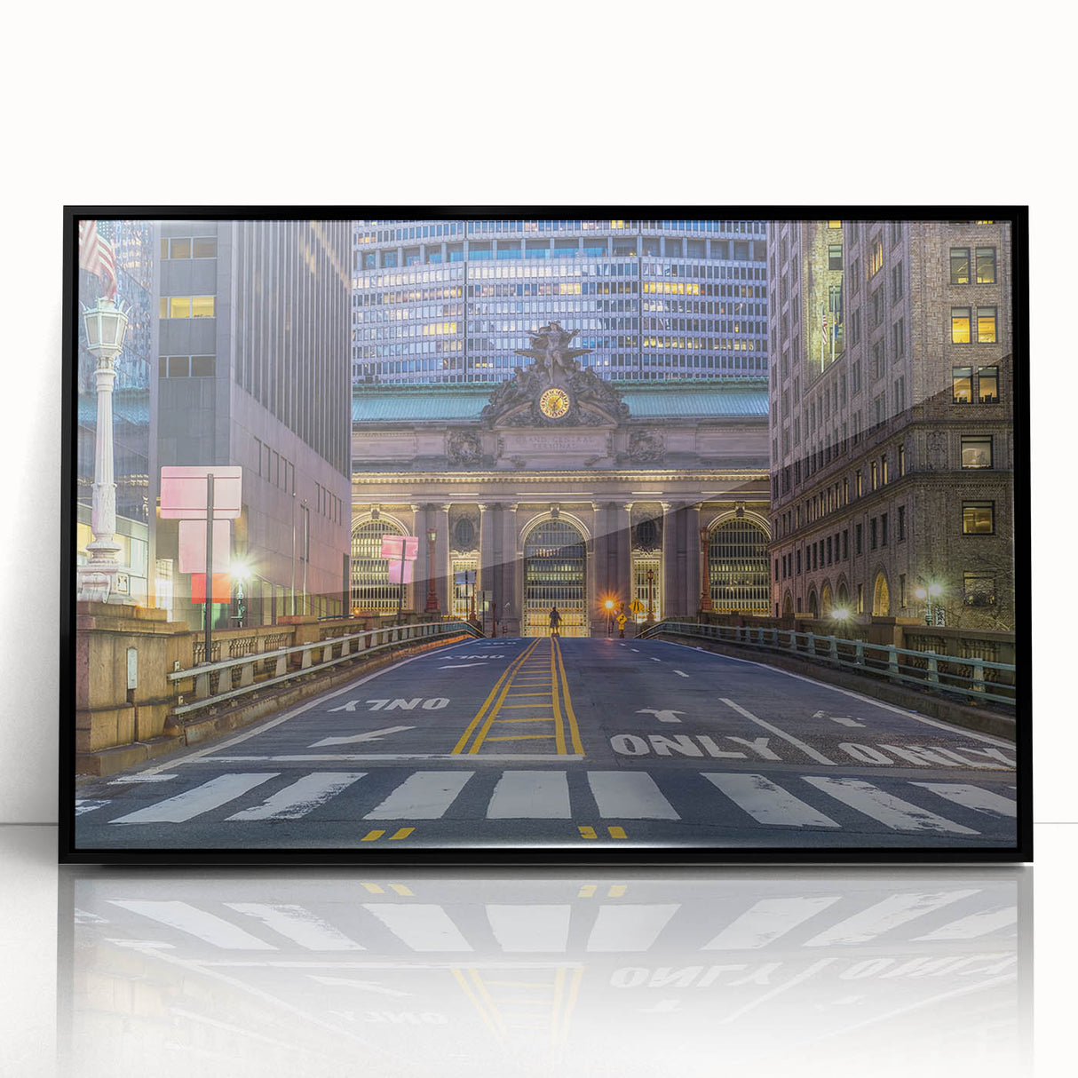 Large abstract wall art of NYC's Grand Central in black and white acrylic, framed, ideal for modern office decor.