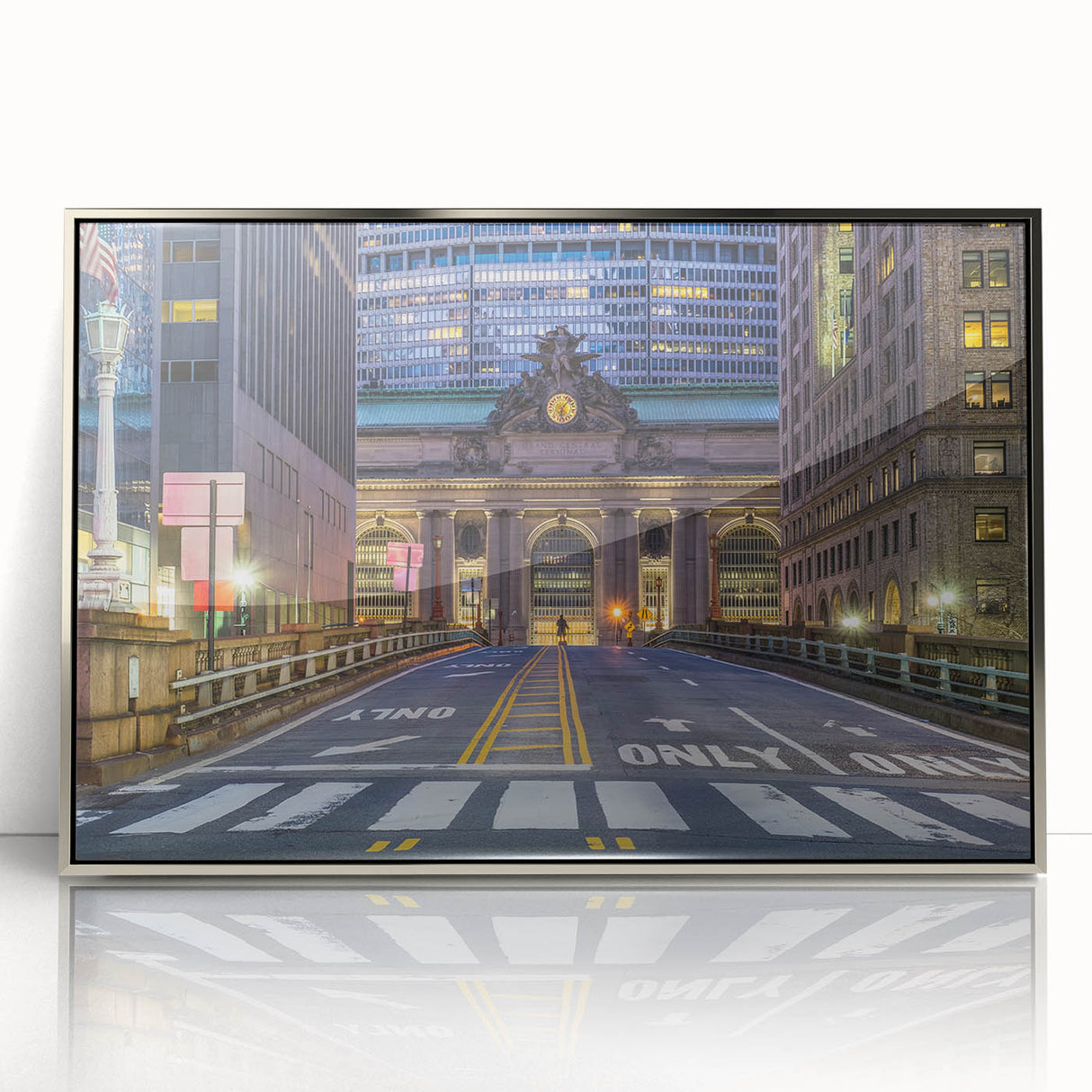 Mid-century modernist art depicting New York City's Grand Central Station in muted gray tones on a silver-framed acrylic…