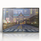 Mid-century modernist art depicting New York City's Grand Central Station in muted gray tones on a silver-framed acrylic…