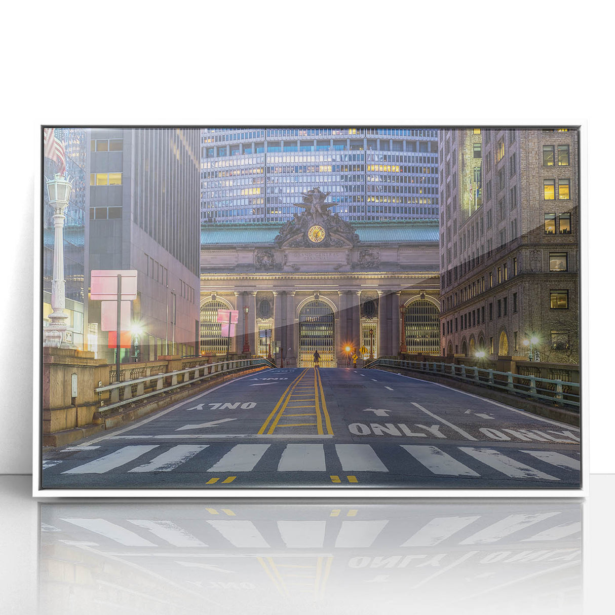 Art deco poster of NYC's Grand Central in black and white tones, acrylic print framed in white.