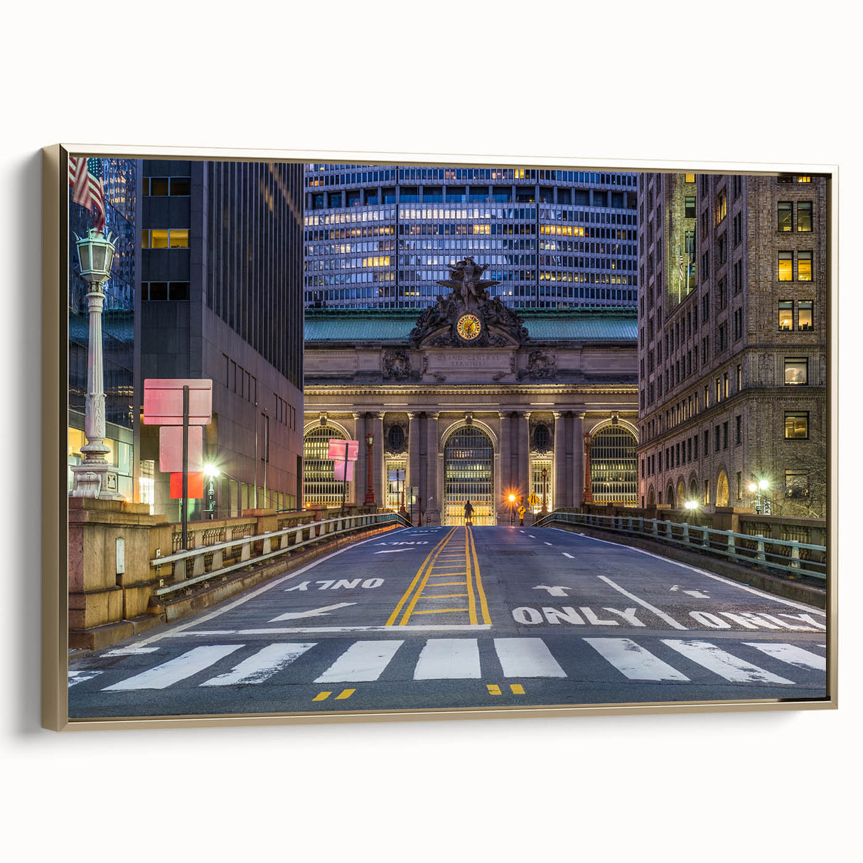 Framed canvas of vintage Grand Central Station in black and gold, ideal for bedroom wall art.