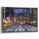 Framed canvas of vintage Grand Central Station in black and gold, ideal for bedroom wall art.