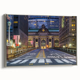 Landscape art painting of NYC's Grand Central in colorful tones on framed canvas, ideal for office decor.