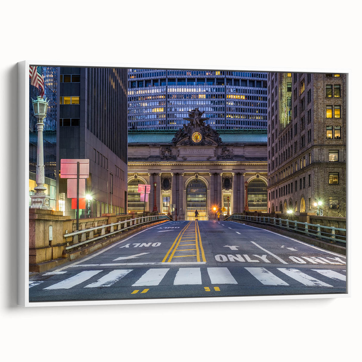 Vintage poster art of NYC Grand Central in colorful tones on extra large framed canvas, ideal for living room decor.