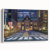 Vintage poster art of NYC Grand Central in colorful tones on extra large framed canvas, ideal for living room decor.