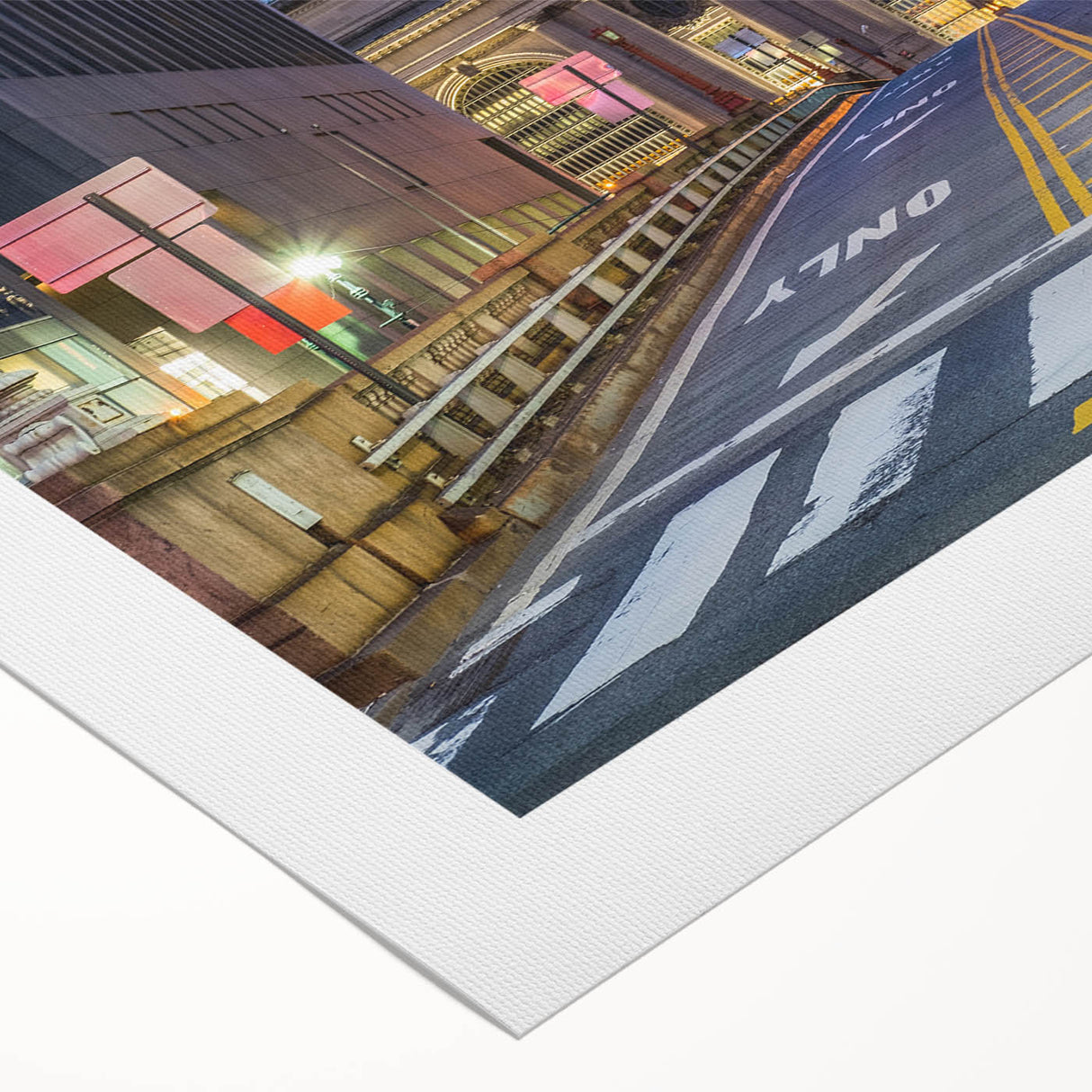 Art deco poster of Grand Central Station in muted gold and blue tones on rolled canvas, suitable for dining room decor.