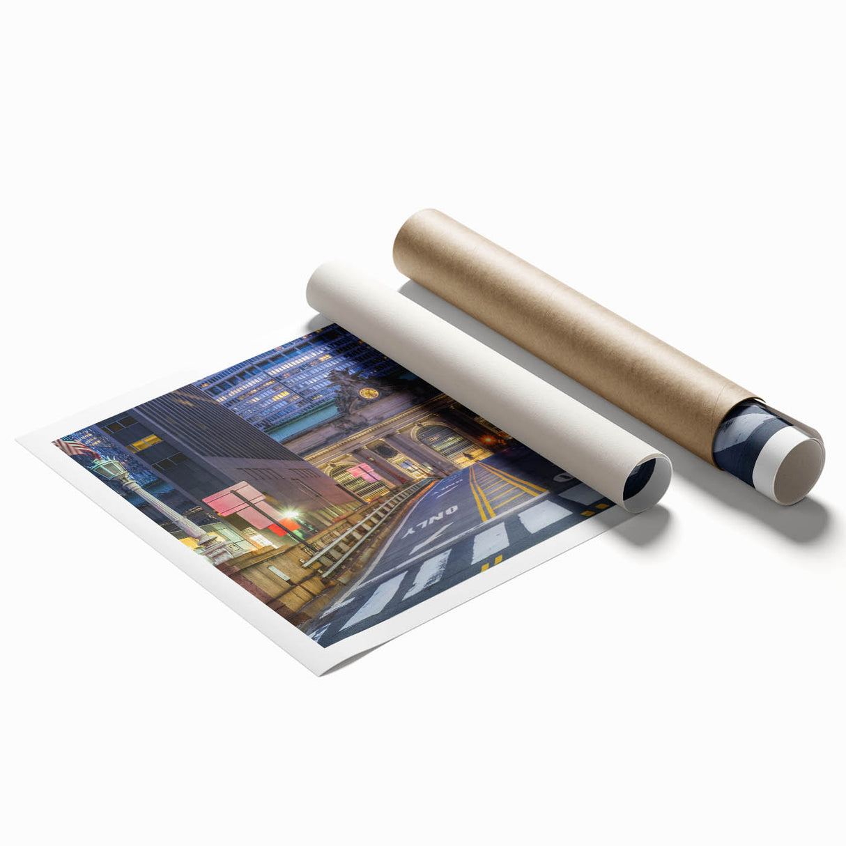 Extra large rolled print of Grand Central Station with muted floral accents, ideal for classy bathroom wall art.