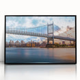 Large abstract wall art of the Manhattan Bridge in muted gray and blue tones on a framed acrylic.