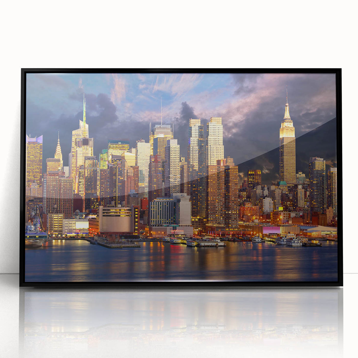 Large abstract wall art depicting Manhattan skyline in muted gray tones on a framed acrylic.