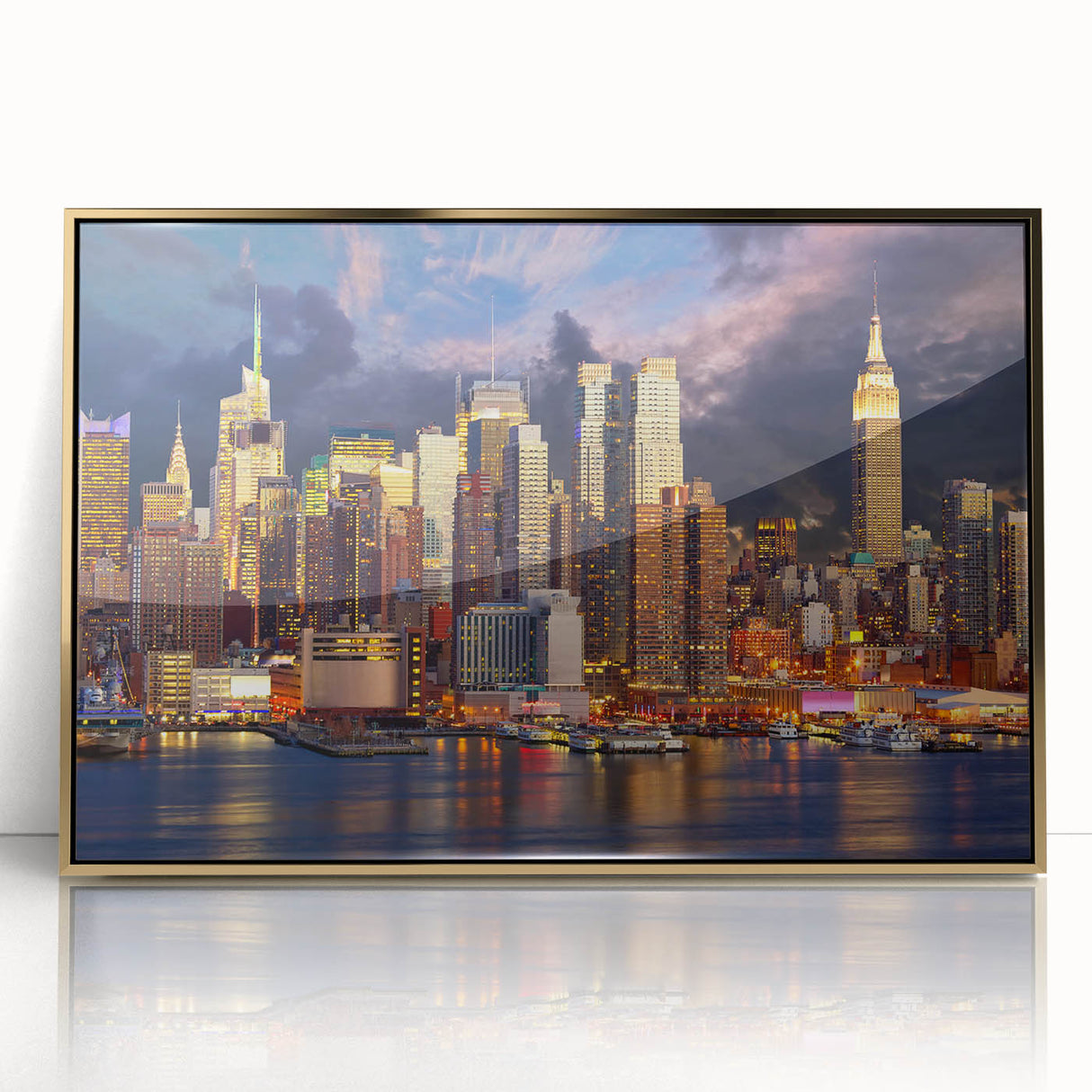 Acrylic print of Manhattan skyline in gold and black tones, mid-century modernist style, suited for modern art wall decor.