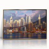 Acrylic print of Manhattan skyline in gold and black tones, mid-century modernist style, suited for modern art wall decor.