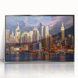 Mid-century modernist art depicting Manhattan skyline in muted gray tones on a framed acrylic print.