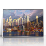 Acrylic print of Manhattan skyline in art deco style with muted gray and blue tones, ideal for modern art wall decor.