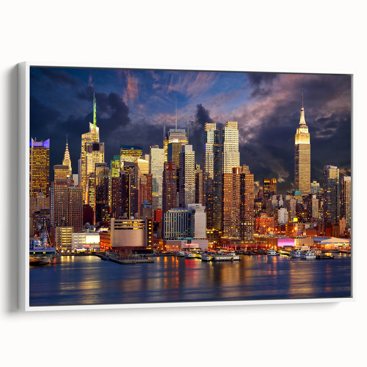 Vintage poster art of Manhattan skyline in colorful hues on a large framed canvas, ideal for living room decor.
