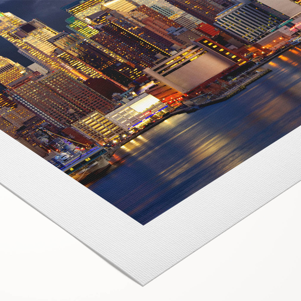 Art deco poster of Manhattan skyline in muted gray and blue tones on rolled canvas, suitable for dining room wall art.