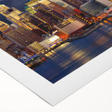 Art deco poster of Manhattan skyline in muted gray and blue tones on rolled canvas, suitable for dining room wall art.