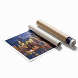 Extra large rolled print of a minimalist Manhattan skyline in muted gray tones, ideal for classy bathroom wall art.