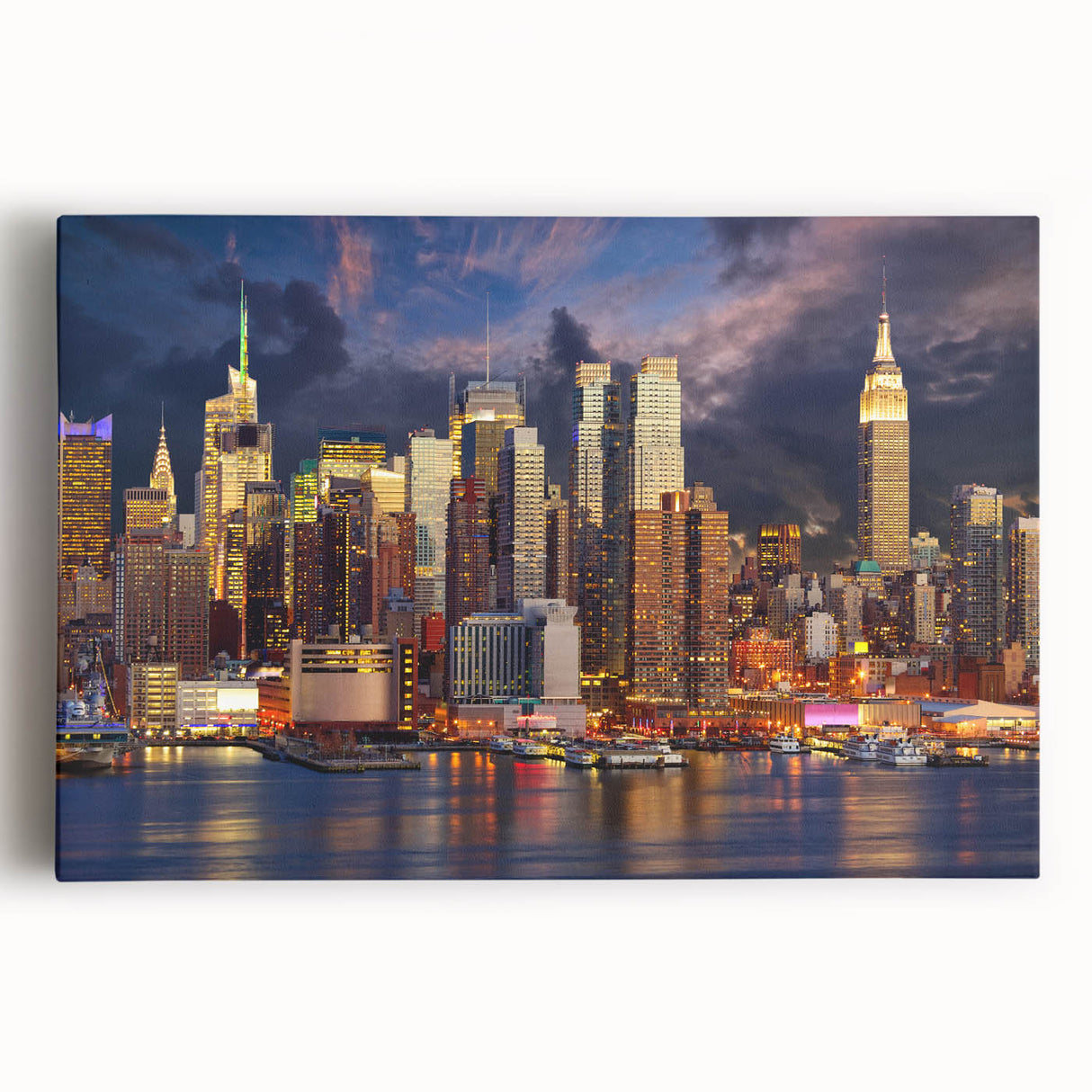 Black and white large art print of Manhattan skyline on stretched canvas, suitable for kitchen wall art.