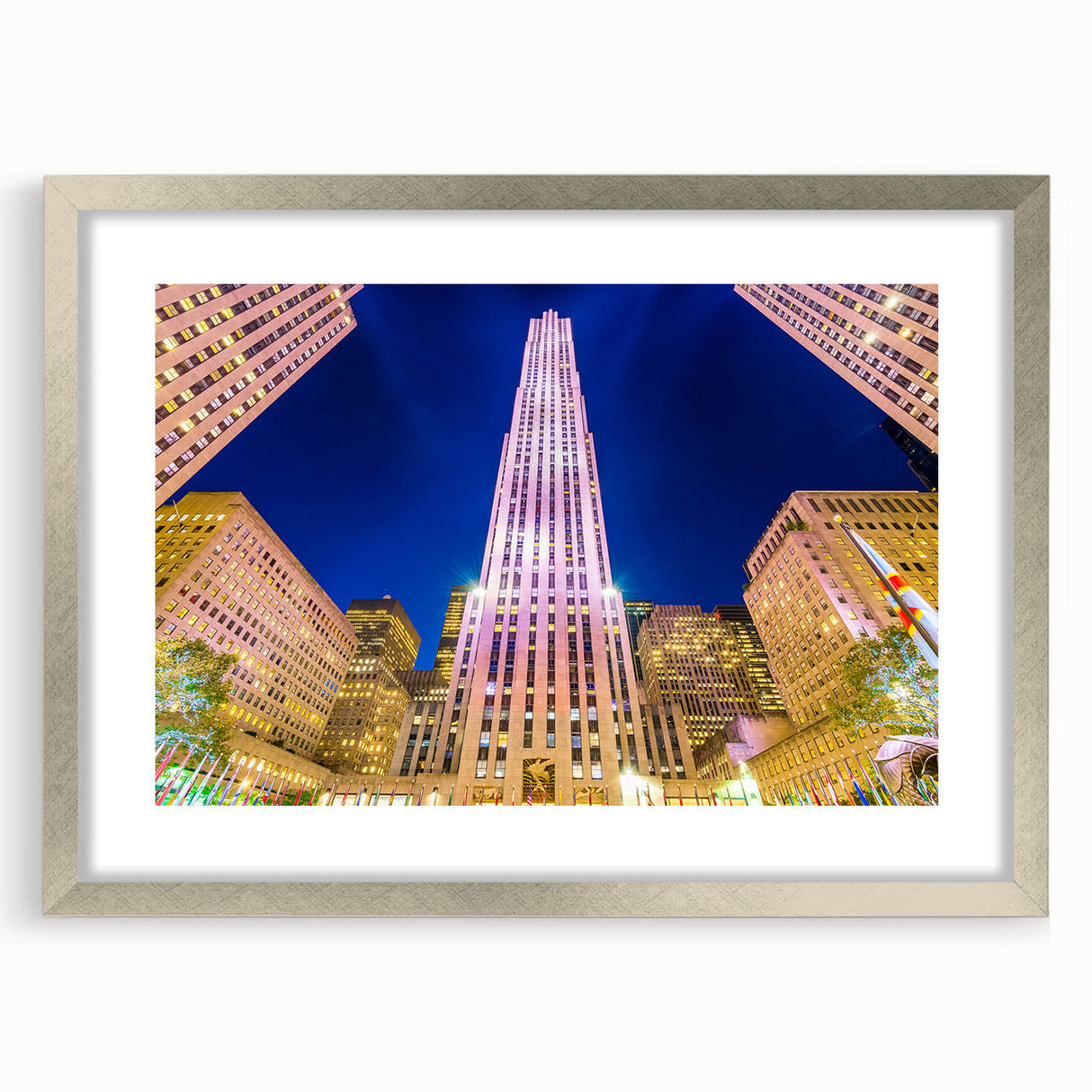Textured art of NYC skyline in muted gray tones on a framed silver mat, ideal for bedroom ambiance.