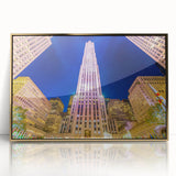 Acrylic print of New York City skyline in gold tones, framed, ideal for modern art wall decor.