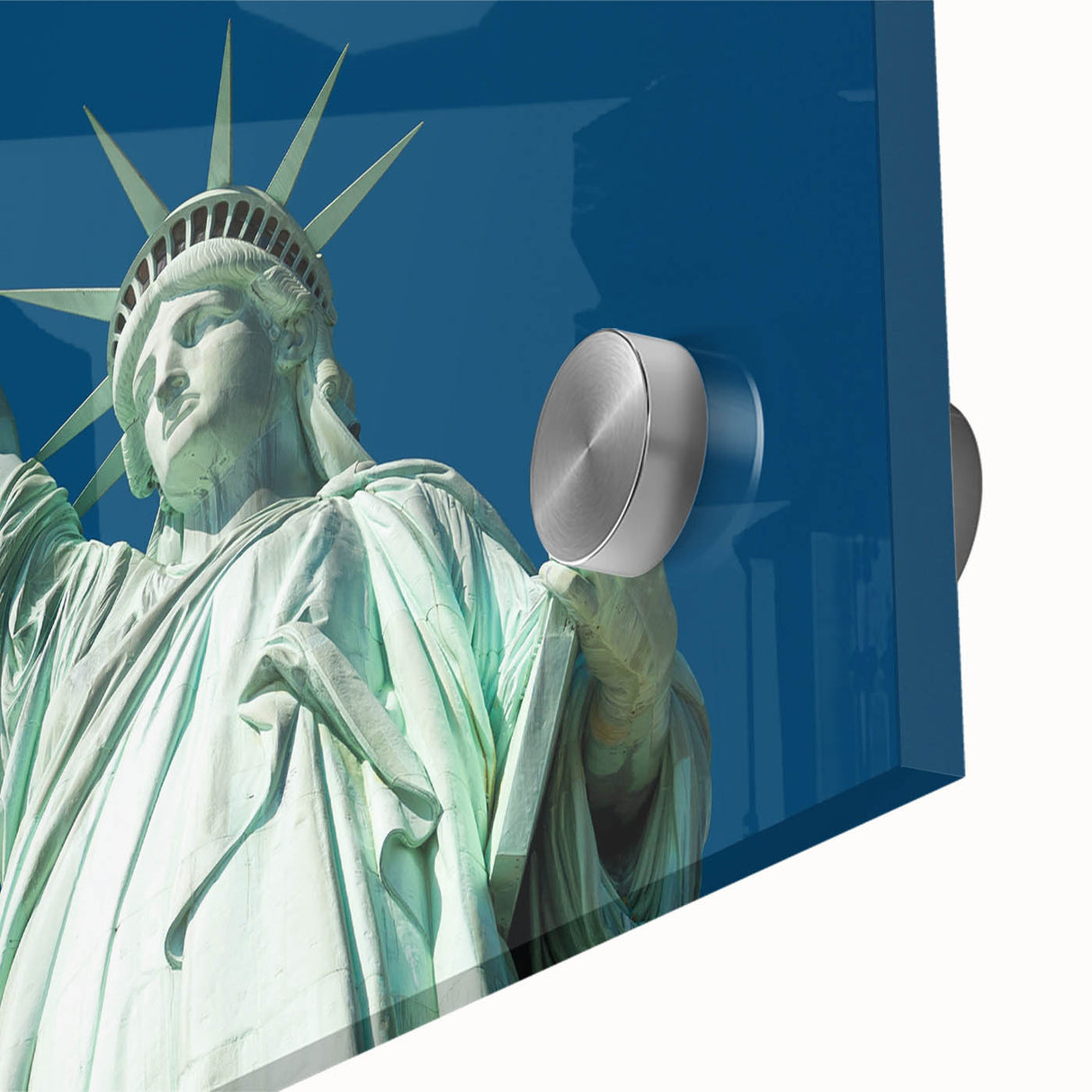 Acrylic print of the Statue of Liberty in muted green and blue hues.