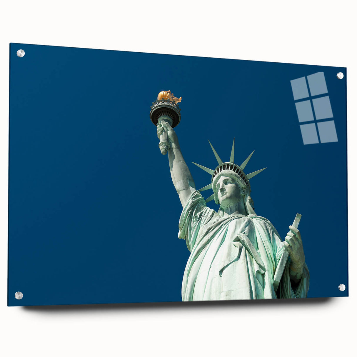 Acrylic print of the Statue of Liberty with a side view, featuring muted green and blue tones.