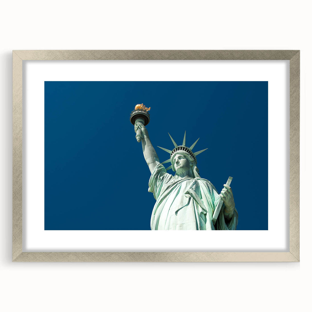 Textured art print of the Statue of Liberty in abstract style with silver frame, ideal for bedroom art.