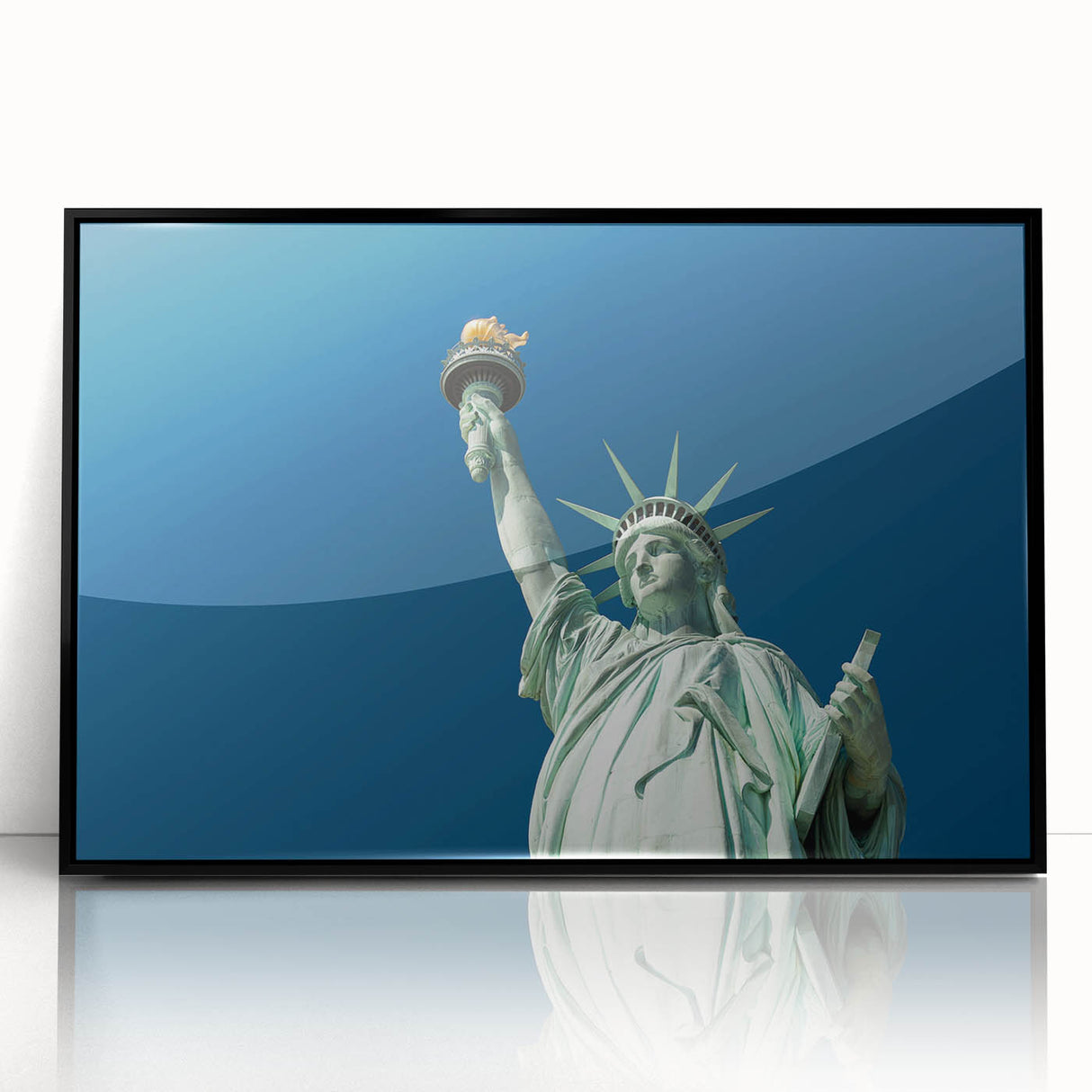 Large abstract wall art of the Statue of Liberty in black and white tones, acrylic print in a black frame.