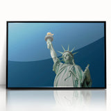 Large abstract wall art of the Statue of Liberty in black and white tones, acrylic print in a black frame.