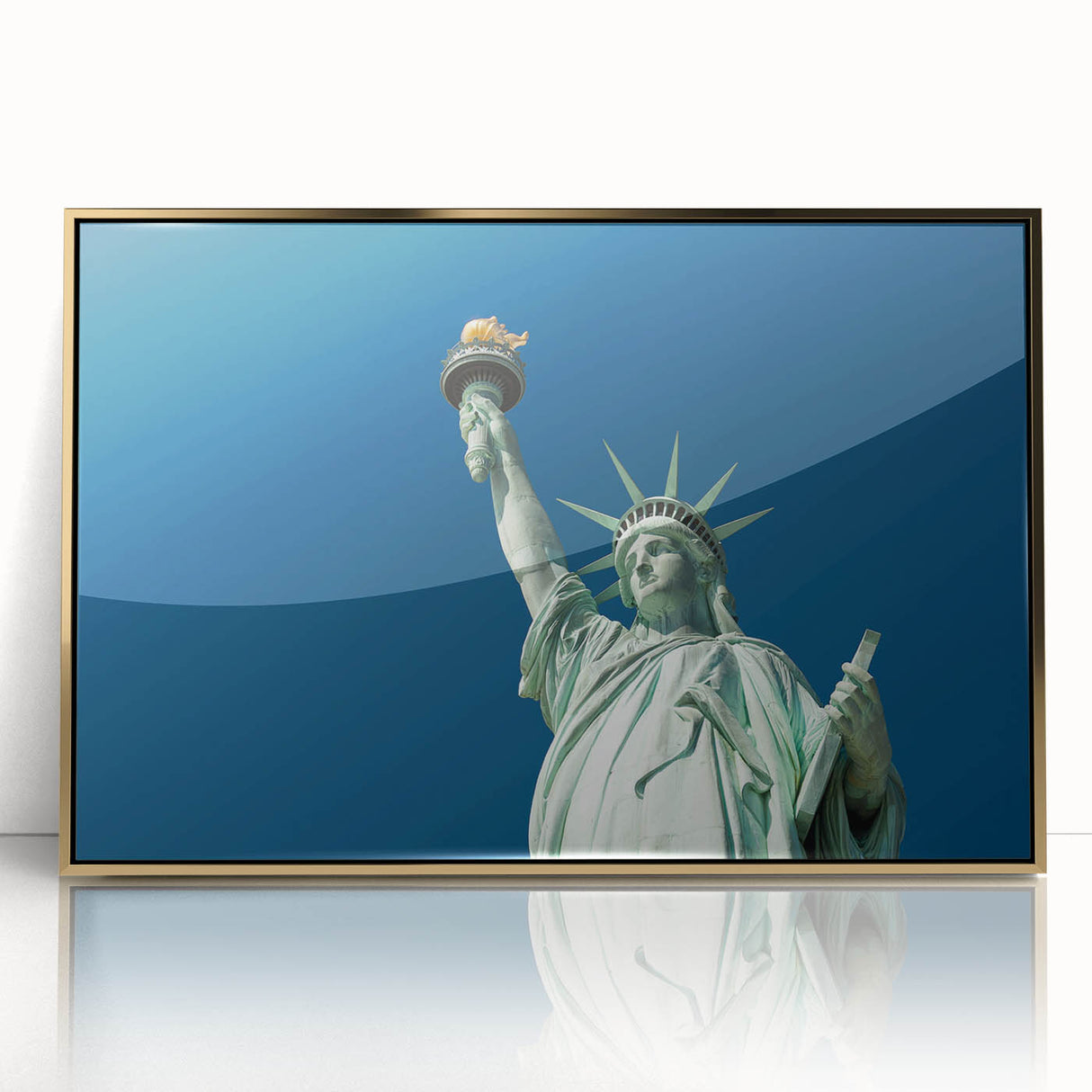 Acrylic print of the Statue of Liberty in gold tones, framed, ideal for modern art wall decor.