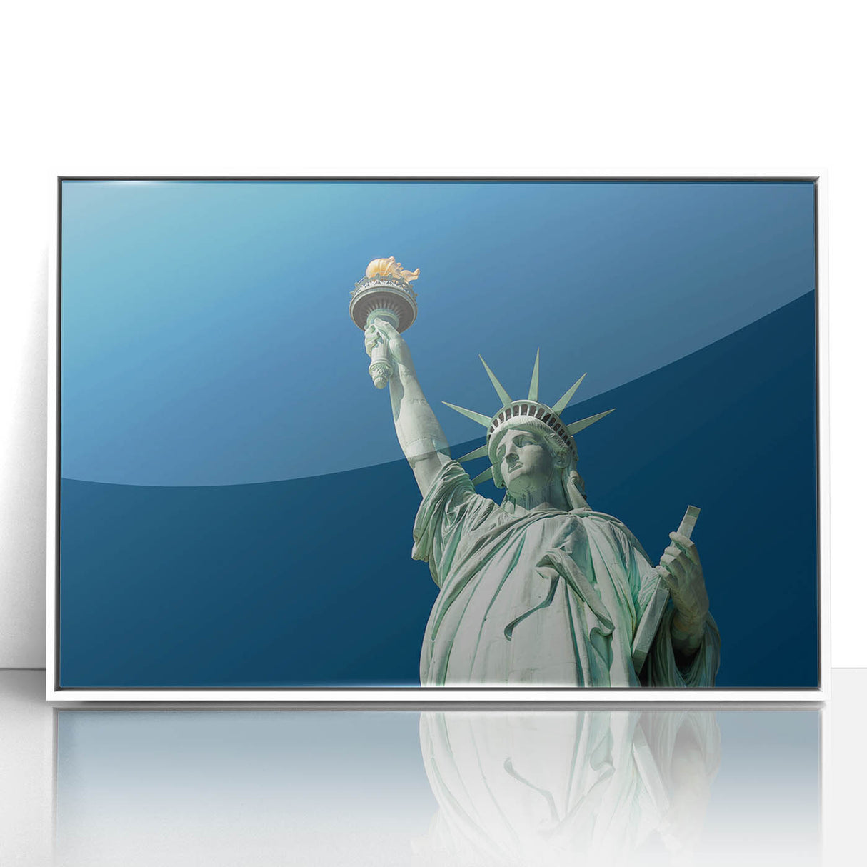 Acrylic print of the Statue of Liberty in art deco style, with muted blue and gray tones, ideal for modern art wall decor.
