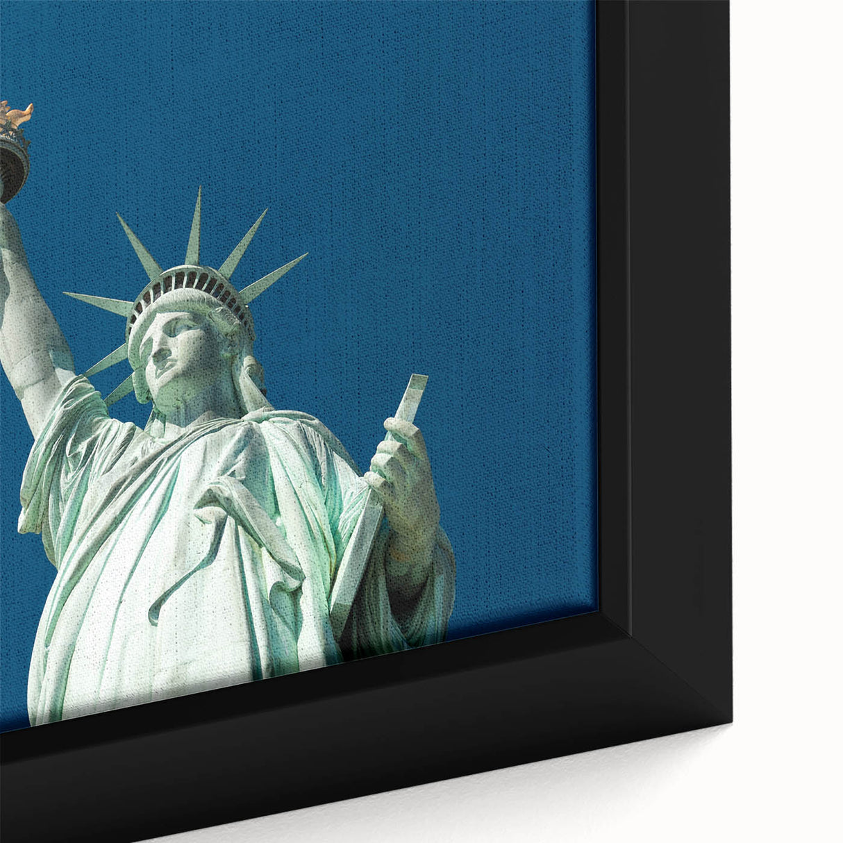 Extra large framed canvas depicting the Statue of Liberty in black with colorful, textured art background.