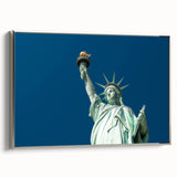 Framed canvas of the Statue of Liberty in a vintage poster style, featuring a black and colorful palette.