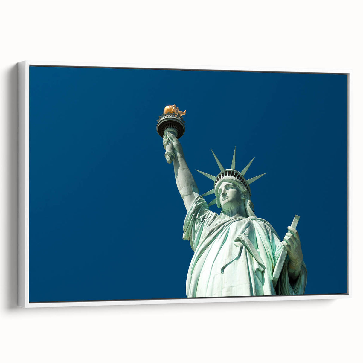 Vintage poster art of the Statue of Liberty, featuring a colorful palette on a large framed canvas.