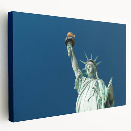 Large art print of the Statue of Liberty in muted green and blue tones on stretched canvas, ideal for kitchen wall art.