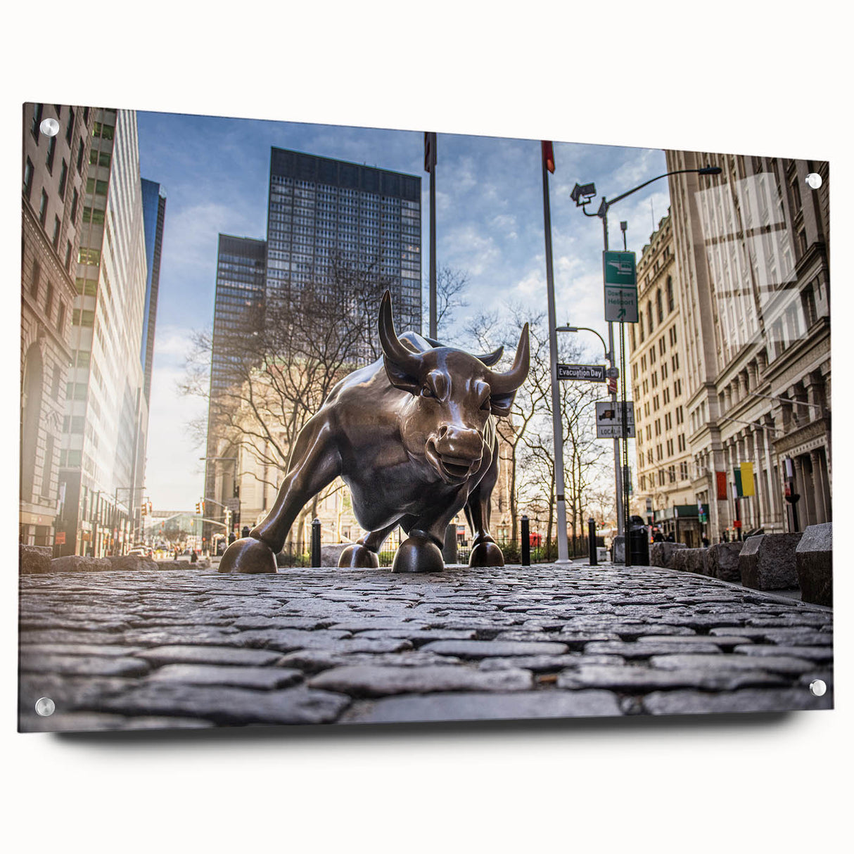 Acrylic print of a large abstract depiction of NYC skyline in muted gray and blue tones.