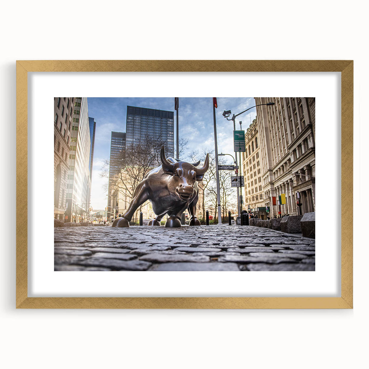 Extra large abstract art print of NYC skyline in textured gold frame, ideal for living room decor.