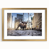 Extra large abstract art print of NYC skyline in textured gold frame, ideal for living room decor.