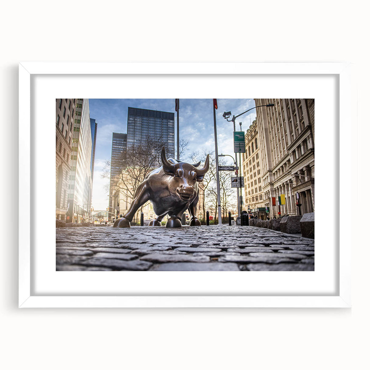 Abstract art print of New York City skyline in muted gray tones on a framed white canvas, ideal for dining room decor.