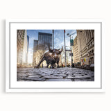 Abstract art print of New York City skyline in muted gray tones on a framed white canvas, ideal for dining room decor.