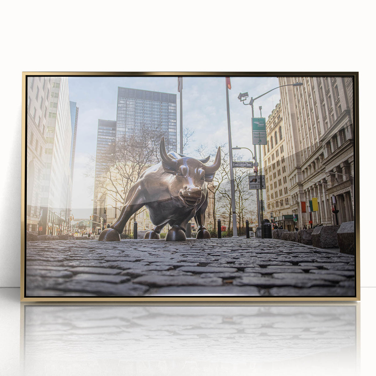 Acrylic print of New York City skyline in gold and black tones, styled in mid-century modernist art.