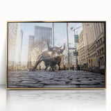 Acrylic print of New York City skyline in gold and black tones, styled in mid-century modernist art.