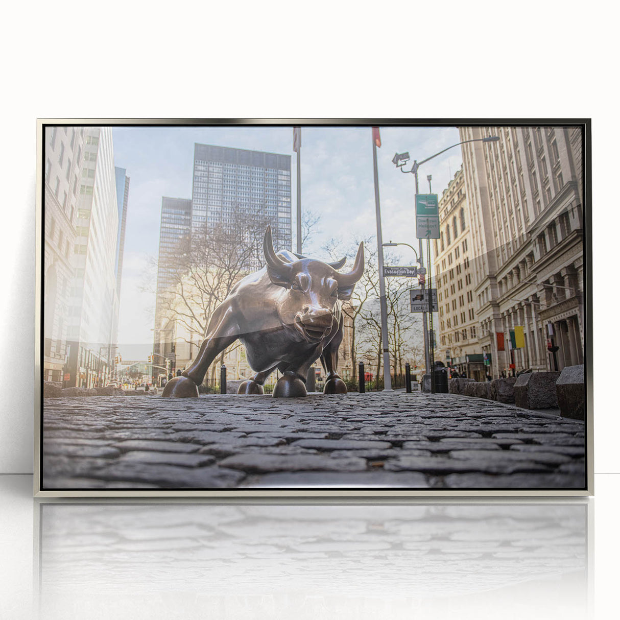 Mid-century modernist art of New York City skyline in muted gray tones on a silver-framed acrylic print.